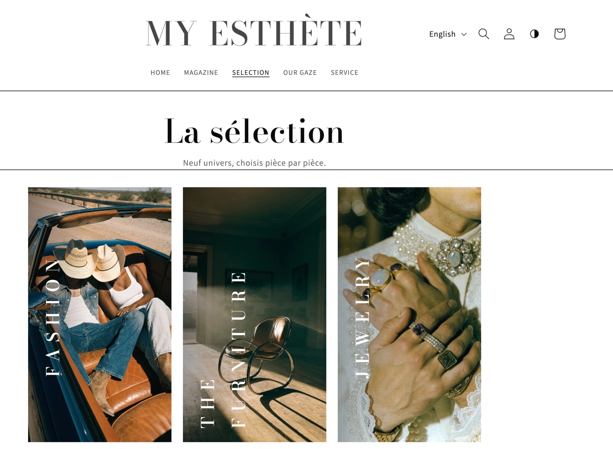 La sélection: universe cards for Fashion, Furniture and Jewelry with vertical titles