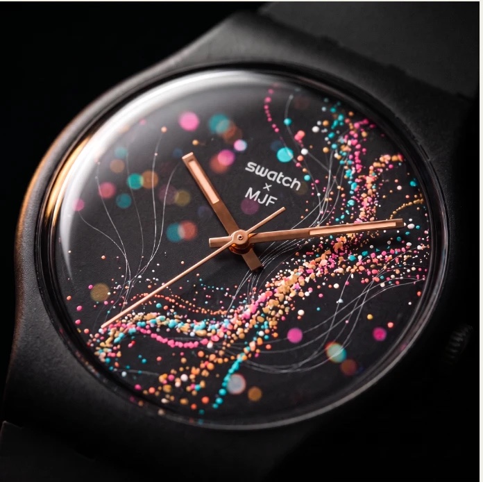 Close-up of a Swatch × MJF dial broken into colour by its recording